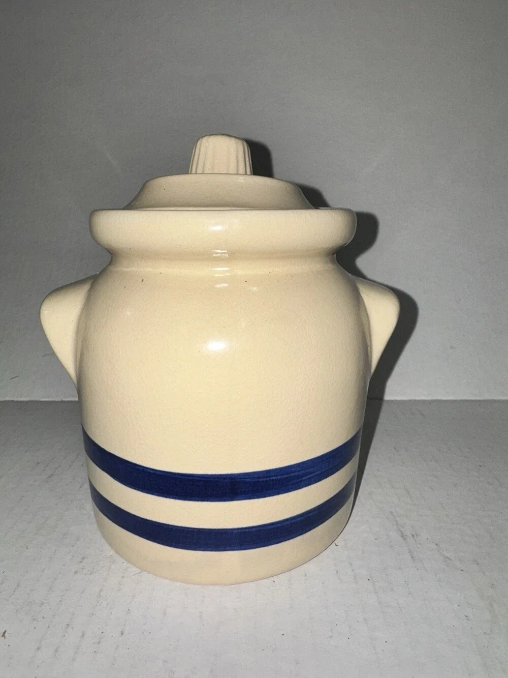 Vintage RRP Robinson Ransbottom 1 Qt Canister Lid Blue Stripe Roseville Ohio
